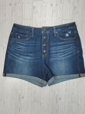 Time & Tru High Rise Blue Jean Denim Shorts Button-Front Rolled Cuffs Women's 14